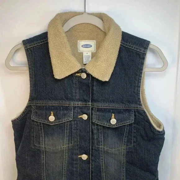Vintage Old Navy Blue Jean Denim Sherpa Lined Vest M Medium Y2K 2000s bohocore - Picture 5 of 6